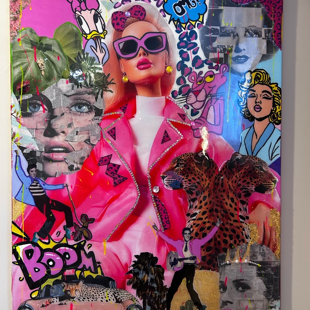 Colorful Mixed Media Art with Pink and Gold Highlights